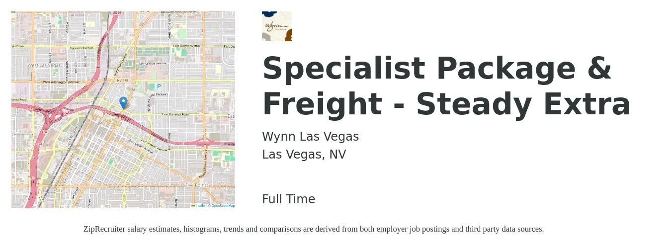 Wynn Las Vegas job posting for a Specialist Package & Freight - Steady Extra in Las Vegas, NV with a salary of $15 to $23 Hourly with a map of Las Vegas location.