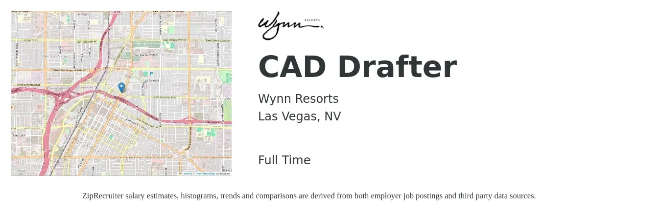 Wynn Resorts job posting for a CAD Drafter in Las Vegas, NV with a salary of $22 to $29 Hourly with a map of Las Vegas location.