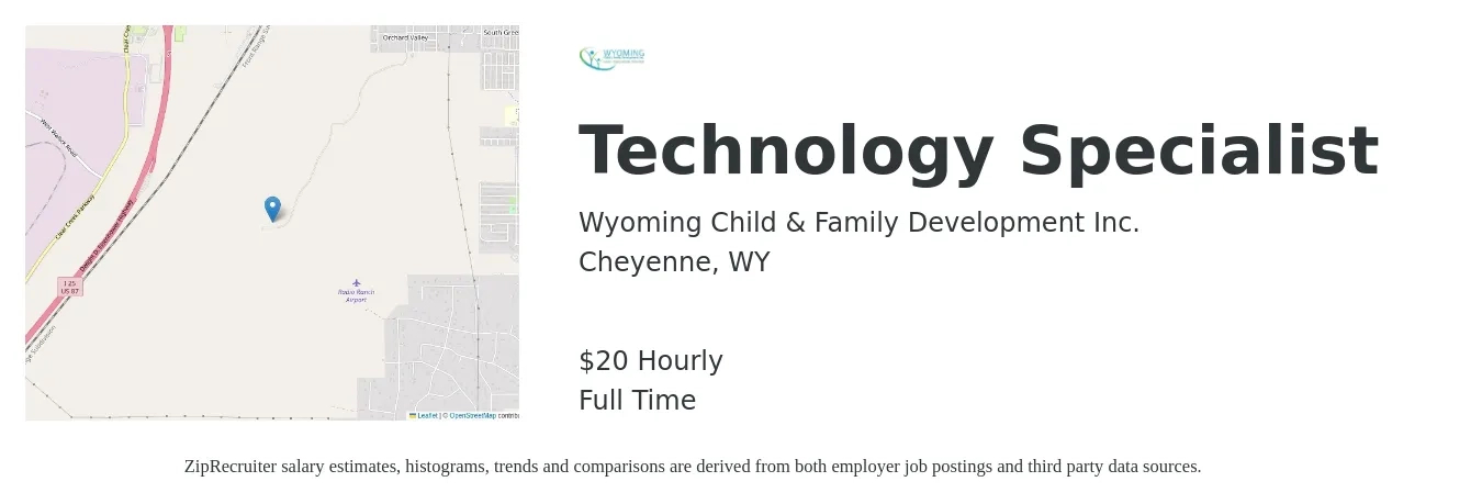 Wyoming Child & Family Development Inc. job posting for a Technology Specialist in Cheyenne, WY with a salary of $21 Hourly with a map of Cheyenne location.
