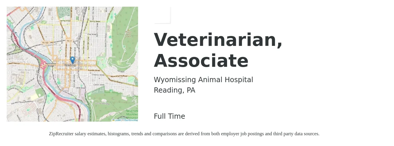 Wyomissing Animal Hospital job posting for a Veterinarian, Associate in Reading, PA with a salary of $98,400 to $158,900 Yearly with a map of Reading location.