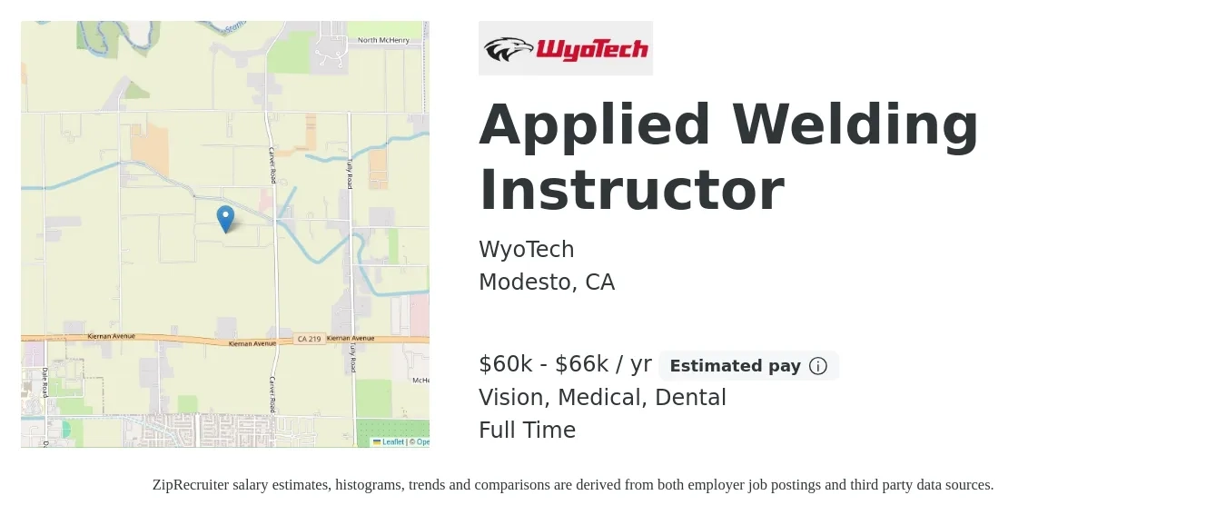 WyoTech job posting for a Applied Welding Instructor in Modesto, CA with a salary of $60,000 to $66,000 Yearly and benefits including medical, retirement, vision, dental, and life_insurance with a map of Modesto location.