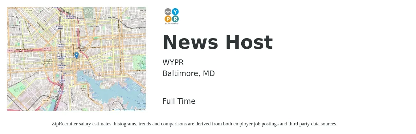 WYPR job posting for a News Host in Baltimore, MD with a salary of $14 to $18 Hourly with a map of Baltimore location.