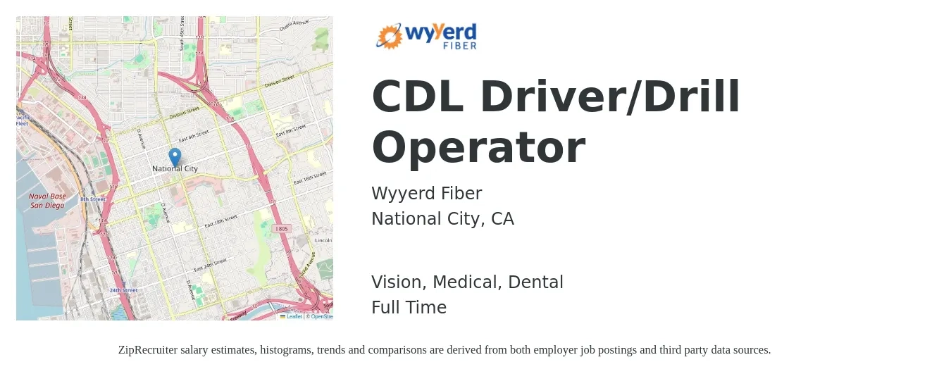 Wyyerd Fiber job posting for a CDL Driver/Drill Operator in National City, CA with a salary of $22 to $33 Hourly and benefits including dental, life_insurance, medical, retirement, and vision with a map of National City location.