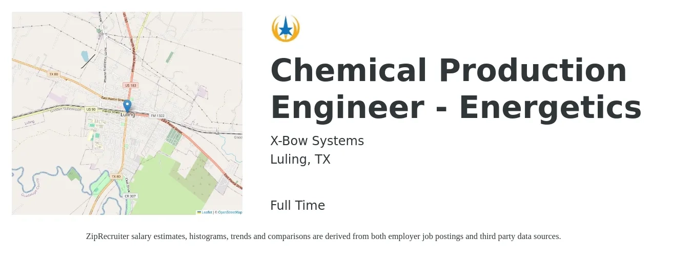 X-Bow Systems job posting for a Chemical Production Engineer - Energetics in Luling, TX with a salary of $79,800 to $90,300 Yearly with a map of Luling location.