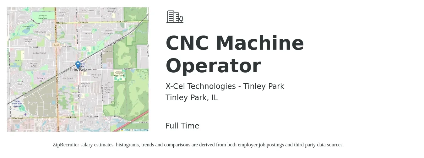 X-Cel Technologies - Tinley Park job posting for a CNC Machine Operator in Tinley Park, IL with a salary of $17 Hourly with a map of Tinley Park location.