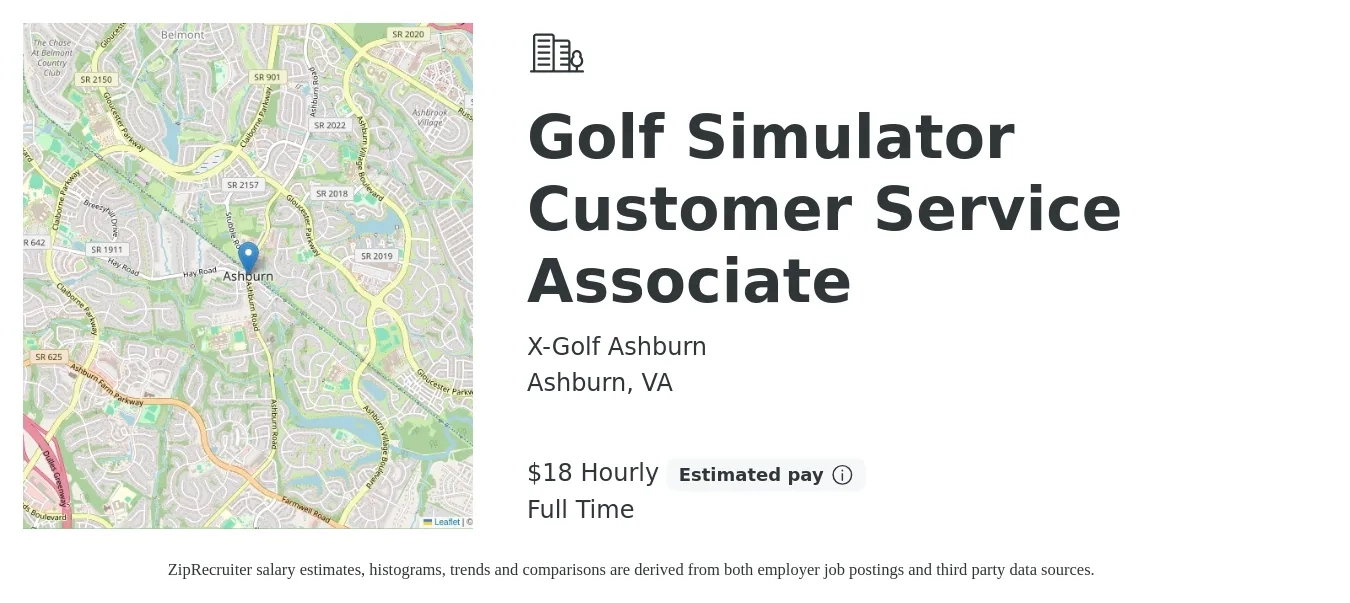 X-Golf Ashburn job posting for a Golf Simulator Customer Service Associate in Ashburn, VA with a salary of $19 Hourly with a map of Ashburn location.