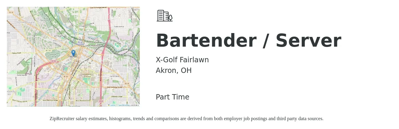 X-Golf Fairlawn job posting for a Bartender / Server in Akron, OH with a salary of $10 to $18 Hourly with a map of Akron location.
