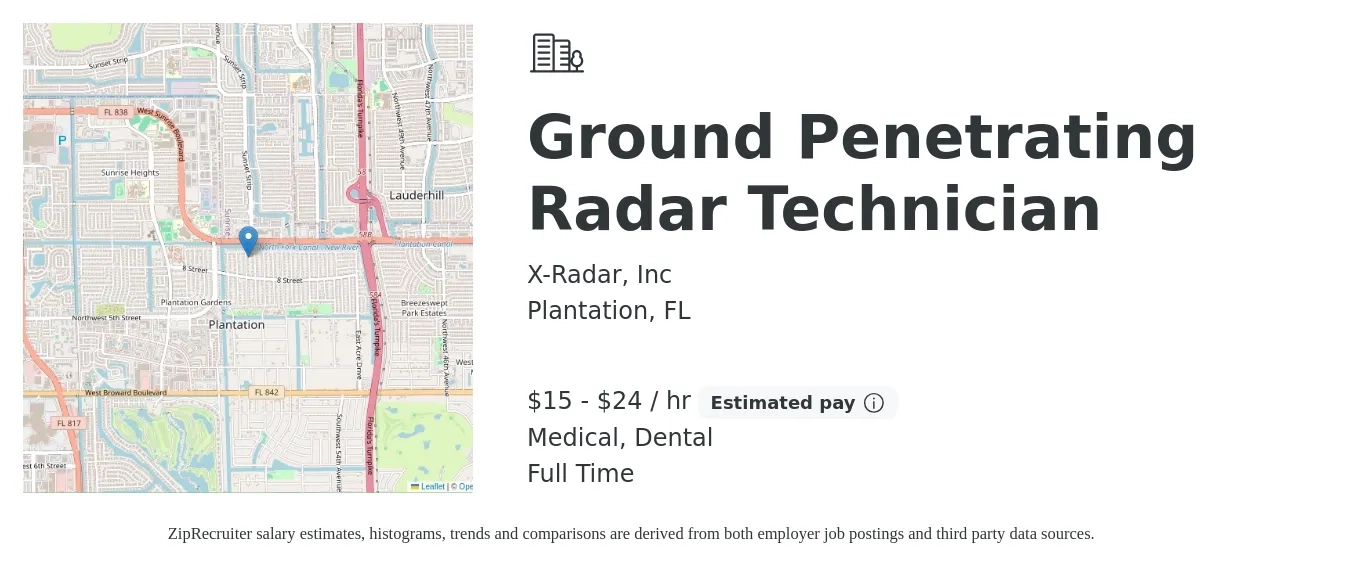 X-Radar, Inc job posting for a Ground Penetrating Radar Technician in Plantation, FL with a salary of $16 to $25 Hourly and benefits including dental, medical, and retirement with a map of Plantation location.