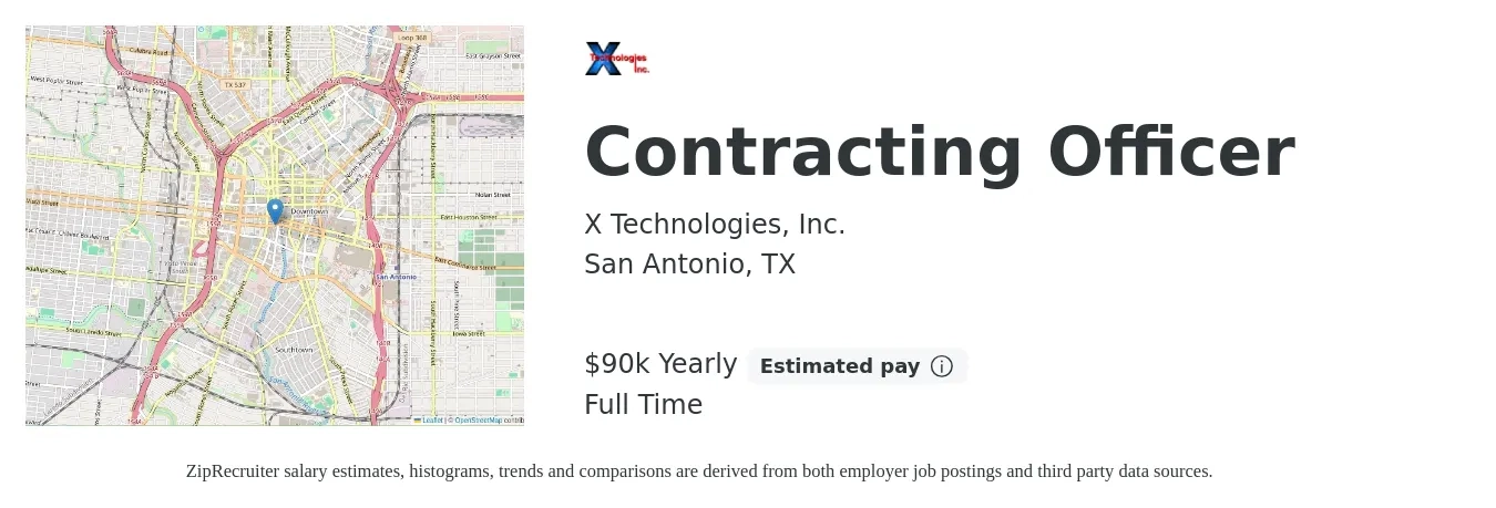 X Technologies, Inc. job posting for a Contracting Officer in San Antonio, TX with a salary of $90,000 Yearly with a map of San Antonio location.