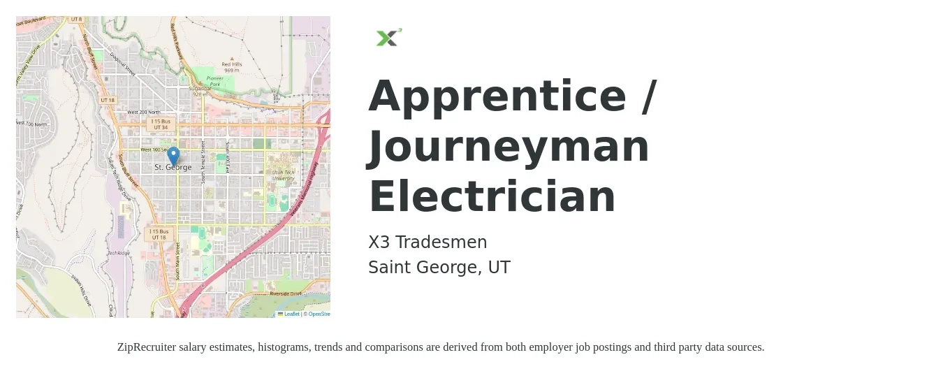 X3 Tradesmen job posting for a Apprentice / Journeyman Electrician in Saint George, UT with a salary of $18 to $25 Hourly with a map of Saint George location.