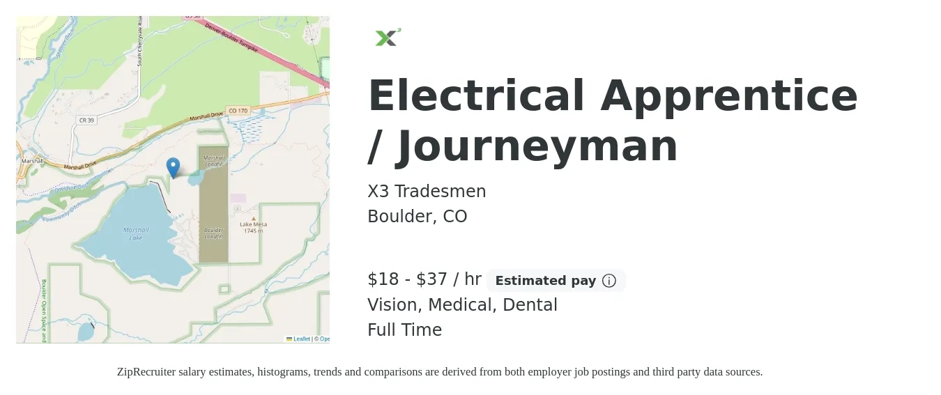 X3 Tradesmen job posting for a Electrical Apprentice / Journeyman in Boulder, CO with a salary of $19 to $39 Hourly and benefits including dental, life_insurance, medical, pto, retirement, and vision with a map of Boulder location.