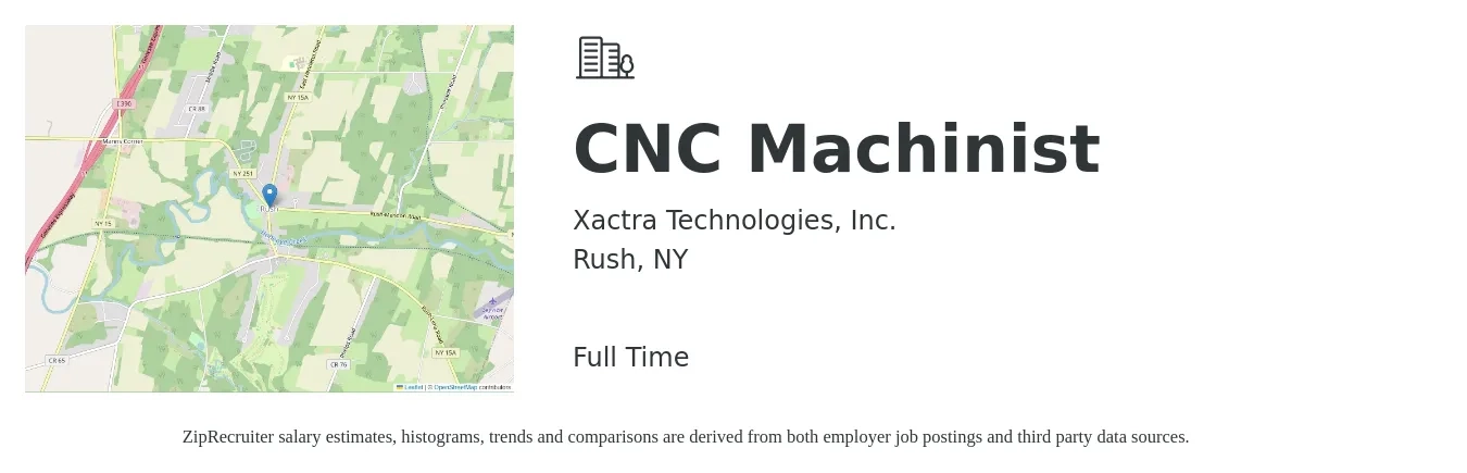 Xactra Technologies, Inc. job posting for a CNC Machinist in Rush, NY with a salary of $20 to $28 Hourly with a map of Rush location.
