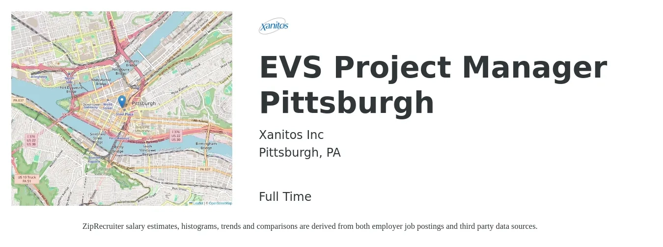 Xanitos job posting for a EVS Project Manager Pittsburgh in Pittsburgh, PA with a salary of $48,500 to $80,100 Yearly with a map of Pittsburgh location.