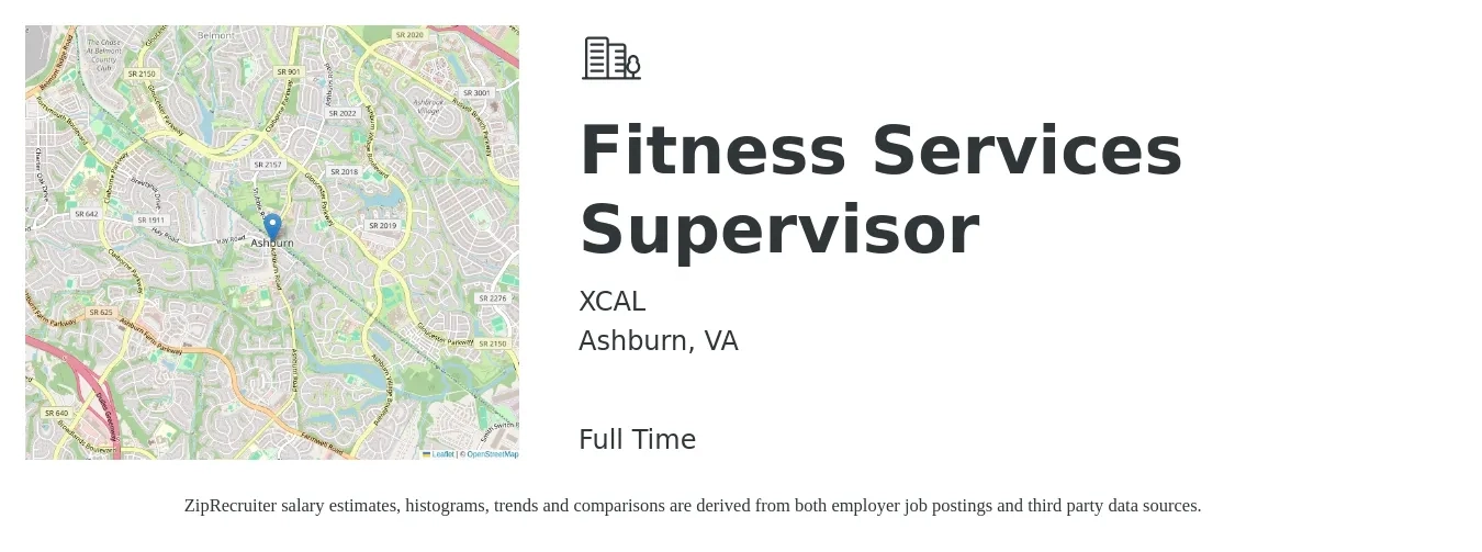 XCAL job posting for a Fitness Services Supervisor in Ashburn, VA with a salary of $15 to $17 Hourly with a map of Ashburn location.