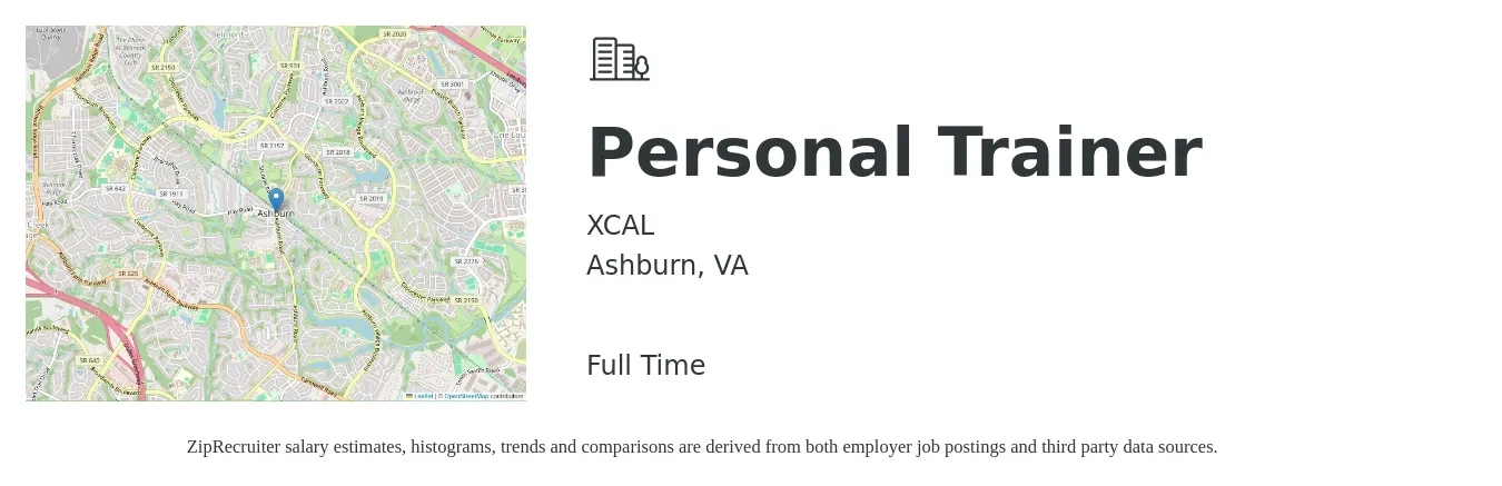 XCAL job posting for a Personal Trainer in Ashburn, VA with a salary of $12 to $65 Hourly with a map of Ashburn location.