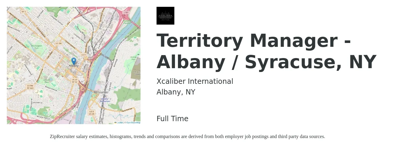 Xcaliber International job posting for a Territory Manager - Albany / Syracuse, NY in Albany, NY with a salary of $64,000 to $98,300 Yearly with a map of Albany location.