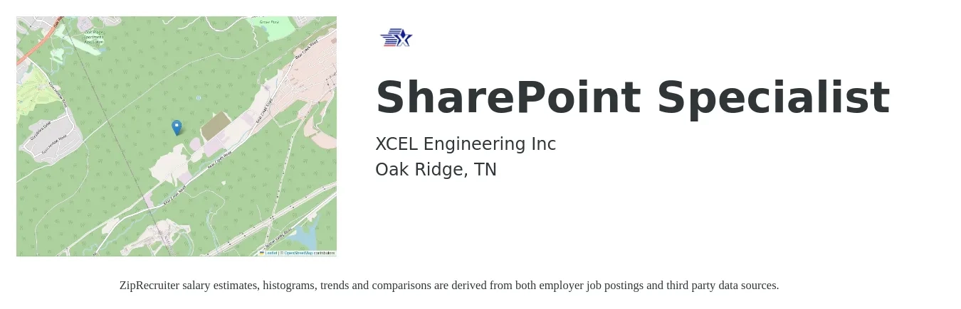 XCEL Engineering Inc job posting for a SharePoint Specialist in Oak Ridge, TN with a salary of $42 to $56 Hourly with a map of Oak Ridge location.