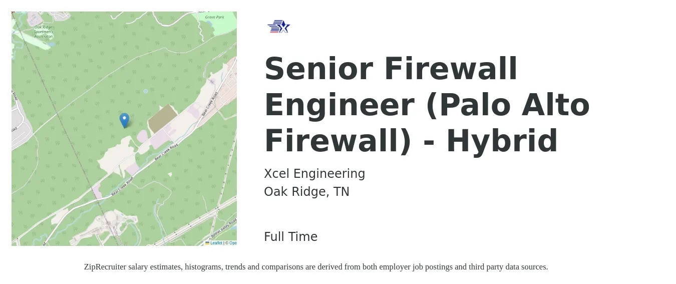 Xcel Engineering job posting for a Senior Firewall Engineer (Palo Alto Firewall) - Hybrid in Oak Ridge, TN with a salary of $50 to $64 Hourly with a map of Oak Ridge location.