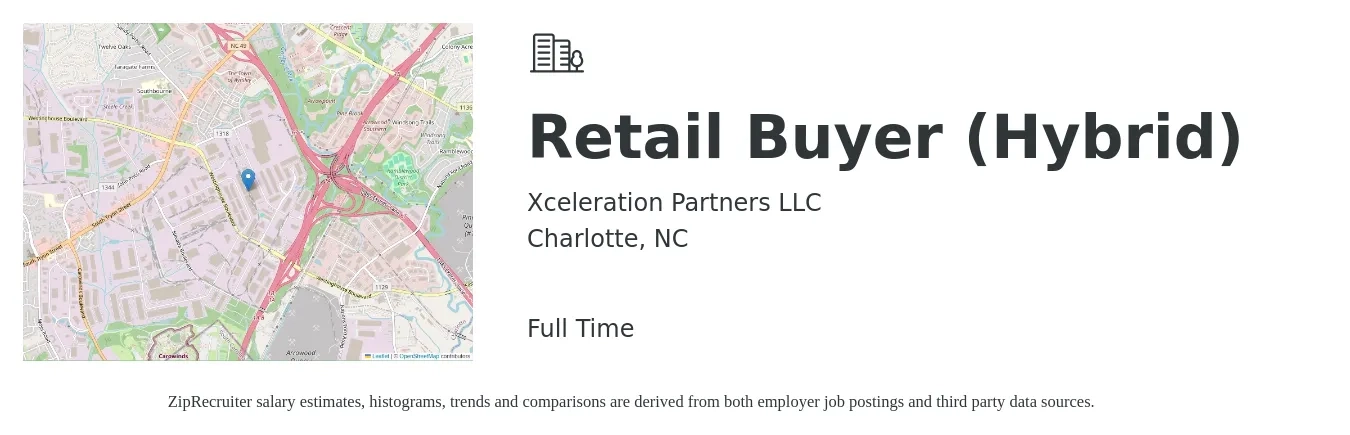 Xceleration Partners LLC job posting for a Retail Buyer (Hybrid) in Charlotte, NC with a salary of $14 to $20 Hourly with a map of Charlotte location.