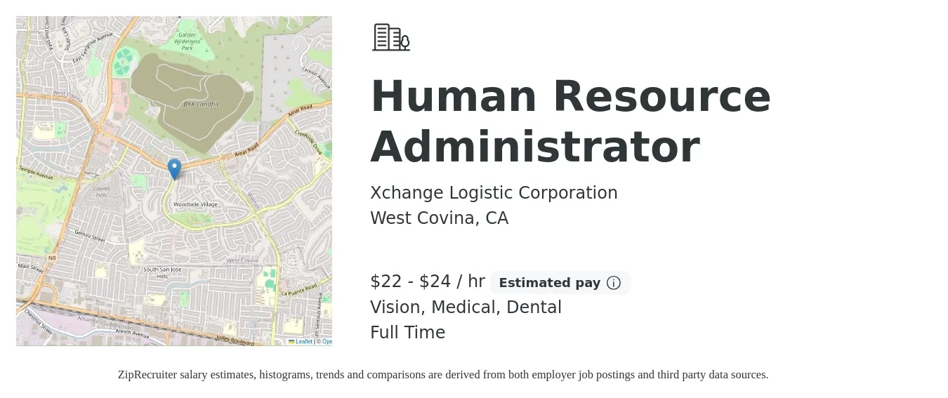 Xchange Logistic Corporation job posting for a Human Resource Administrator in West Covina, CA with a salary of $23 to $25 Hourly and benefits including dental, life_insurance, medical, pto, retirement, and vision with a map of West Covina location.