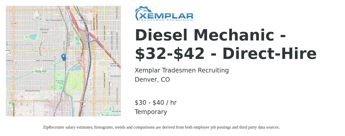 Xemplar Tradesmen Recruiting job posting for a Diesel Mechanic - $32-$42 - Direct-Hire in Denver, CO with a salary of $32 to $42 Hourly with a map of Denver location.