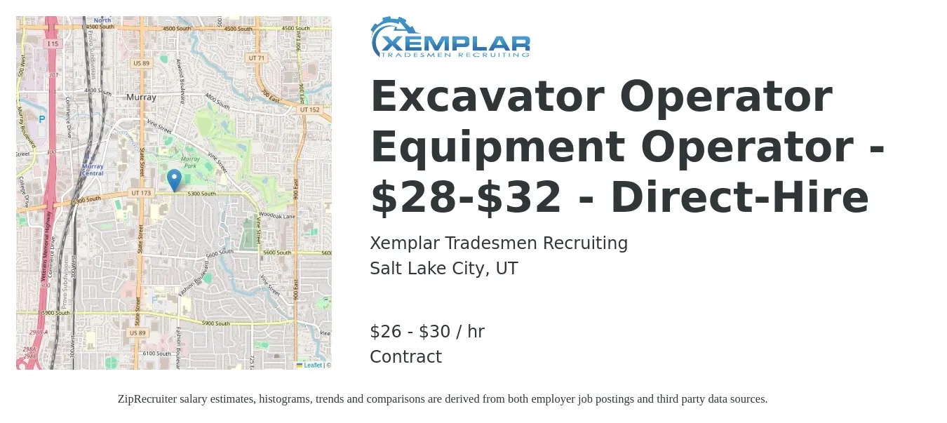 Xemplar Tradesmen Recruiting job posting for a Excavator Operator Equipment Operator - $28-$32 - Direct-Hire in Salt Lake City, UT with a salary of $28 to $32 Hourly with a map of Salt Lake City location.