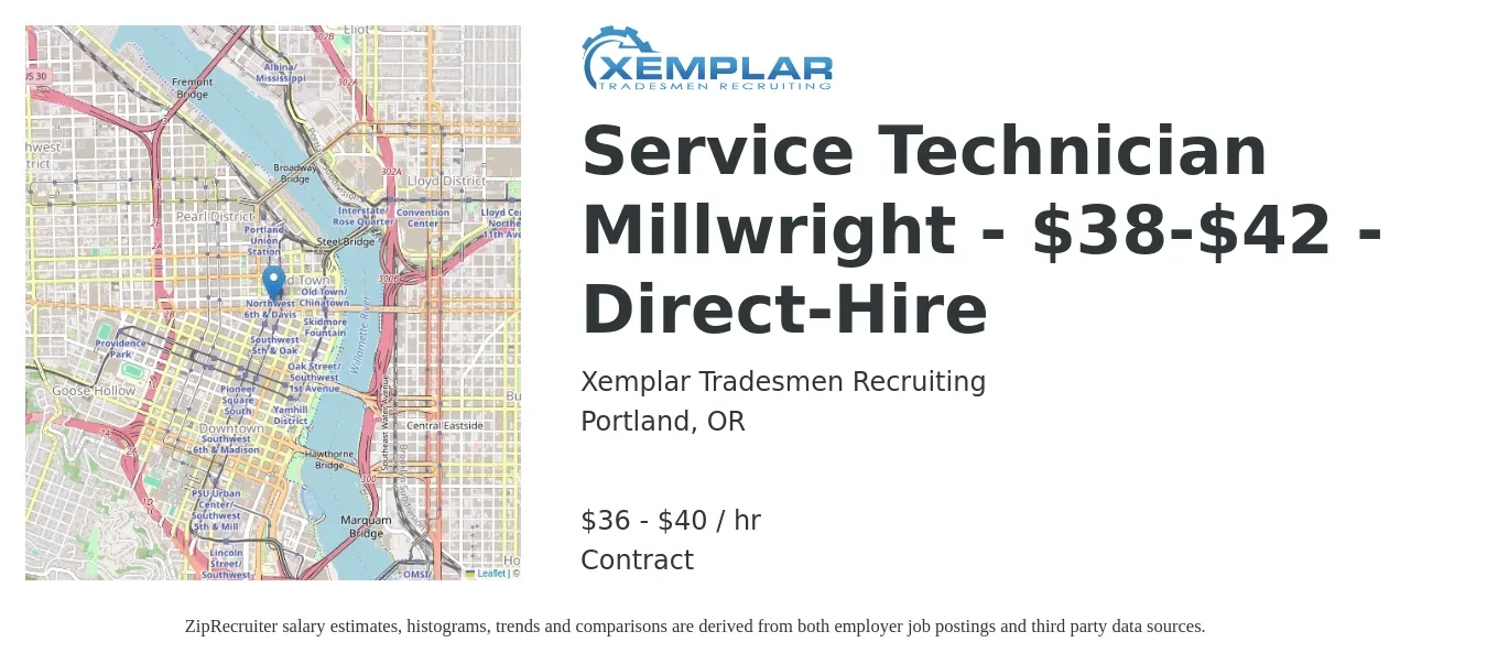 Xemplar Tradesmen Recruiting job posting for a Service Technician Millwright - $38-$42 - Direct-Hire in Portland, OR with a salary of $38 to $42 Hourly with a map of Portland location.