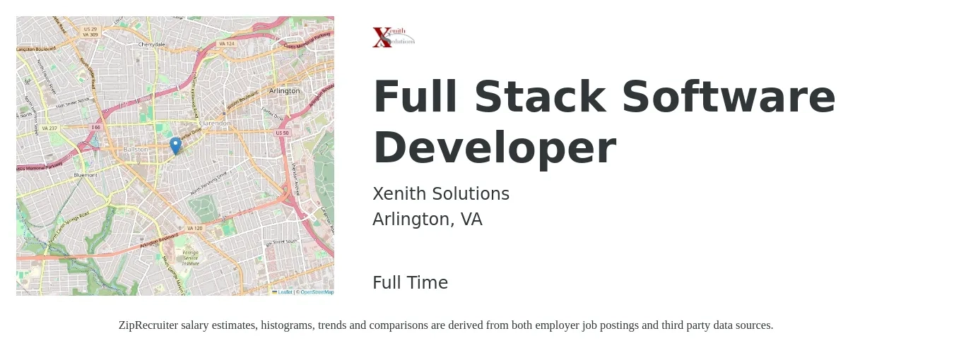 Xenith Solutions job posting for a Full Stack Software Developer in Arlington, VA with a salary of $59 to $82 Hourly with a map of Arlington location.