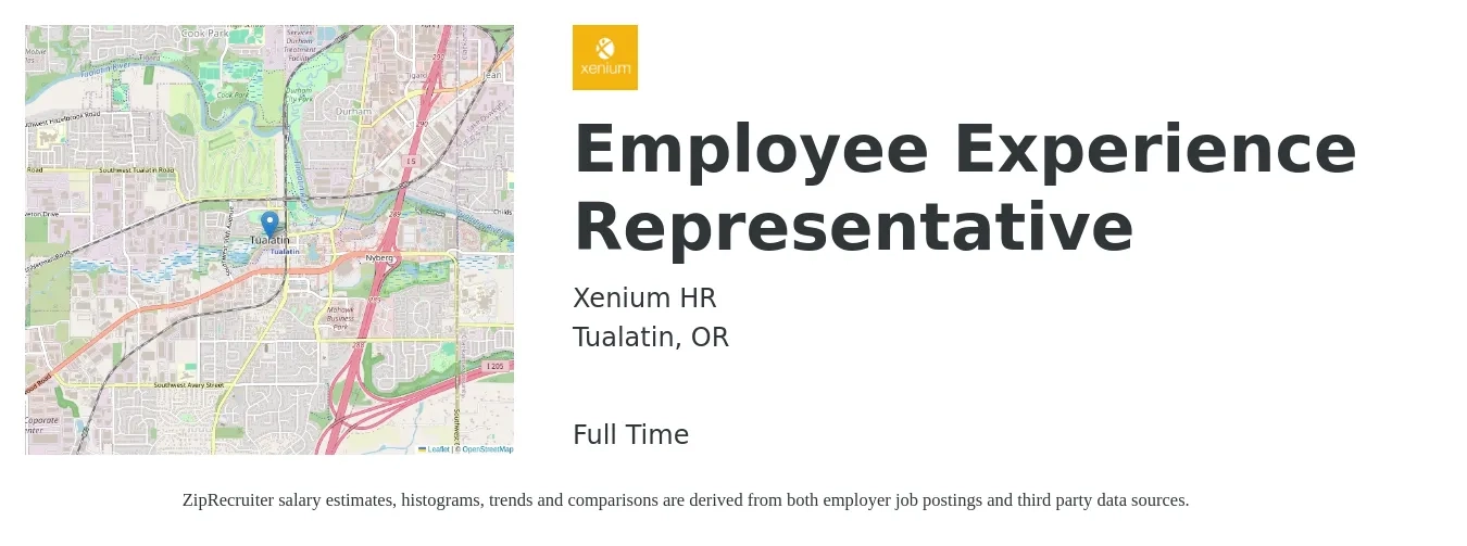 Xenium HR job posting for a Employee Experience Representative in Tualatin, OR with a salary of $50,500 to $71,900 Yearly with a map of Tualatin location.