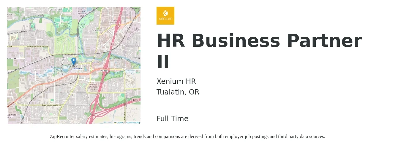 Xenium HR job posting for a HR Business Partner II in Tualatin, OR with a salary of $75,000 to $106,800 Yearly with a map of Tualatin location.