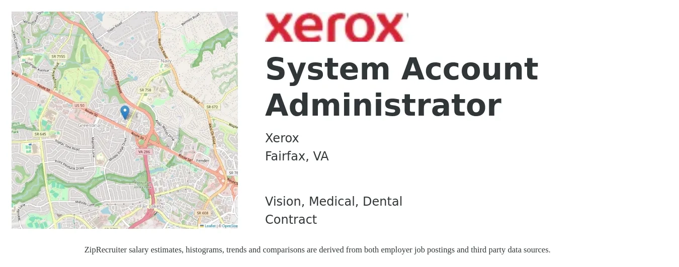 Xerox job posting for a System Account Administrator in Fairfax, VA with a salary of $20 to $28 Hourly and benefits including life_insurance, medical, pto, retirement, vision, and dental with a map of Fairfax location.
