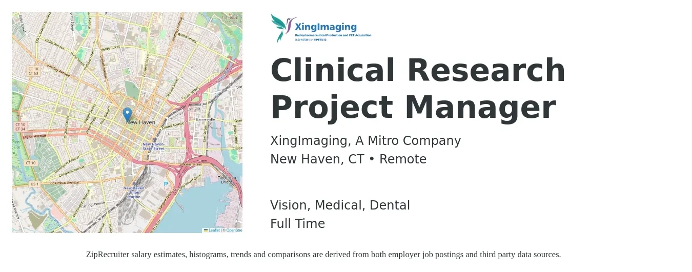 XingImaging, A Mitro Company job posting for a Clinical Research Project Manager in New Haven, CT with a salary of $44 to $74 Hourly and benefits including vision, dental, life_insurance, medical, pto, and retirement with a map of New Haven location.