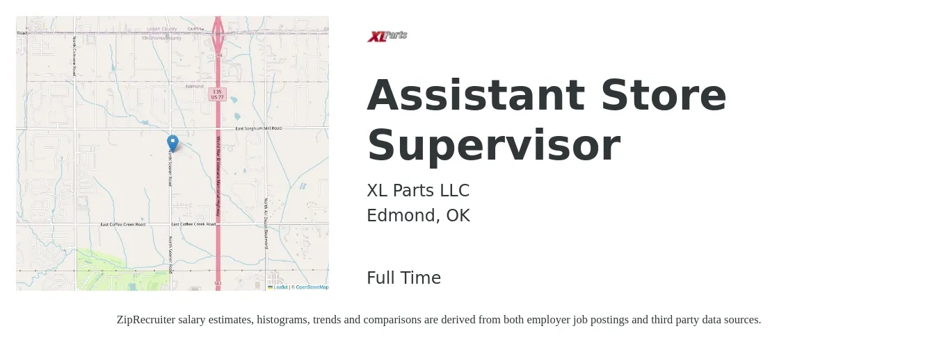 XL Parts job posting for a Assistant Store Supervisor in Edmond, OK with a salary of $14 to $19 Hourly with a map of Edmond location.