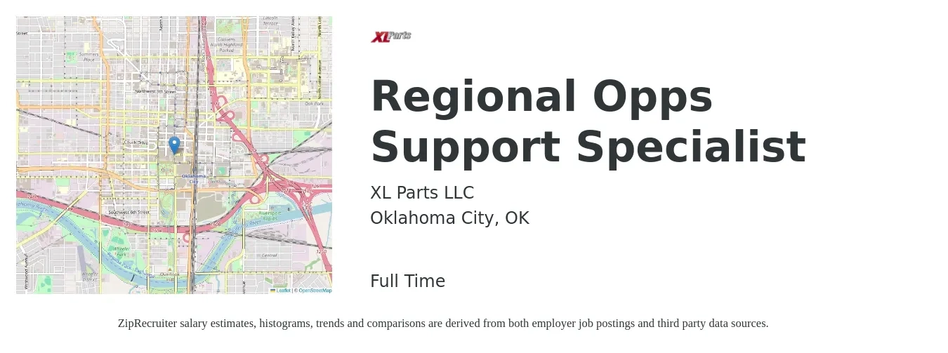 XL Parts LLC job posting for a Regional Opps Support Specialist in Oklahoma City, OK with a salary of $16 to $24 Hourly with a map of Oklahoma City location.