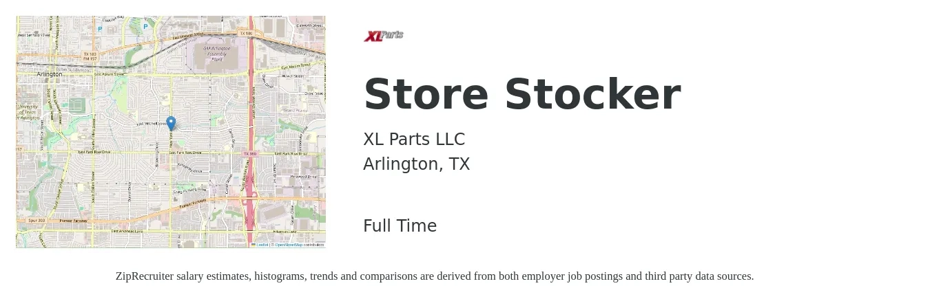 XL Parts LLC job posting for a Store Stocker in Arlington, TX with a salary of $12 to $16 Hourly with a map of Arlington location.
