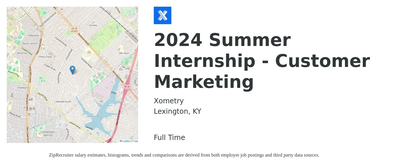 Xometry job posting for a 2024 Summer Internship - Customer Marketing in Lexington, KY with a salary of $15 to $18 Hourly with a map of Lexington location.