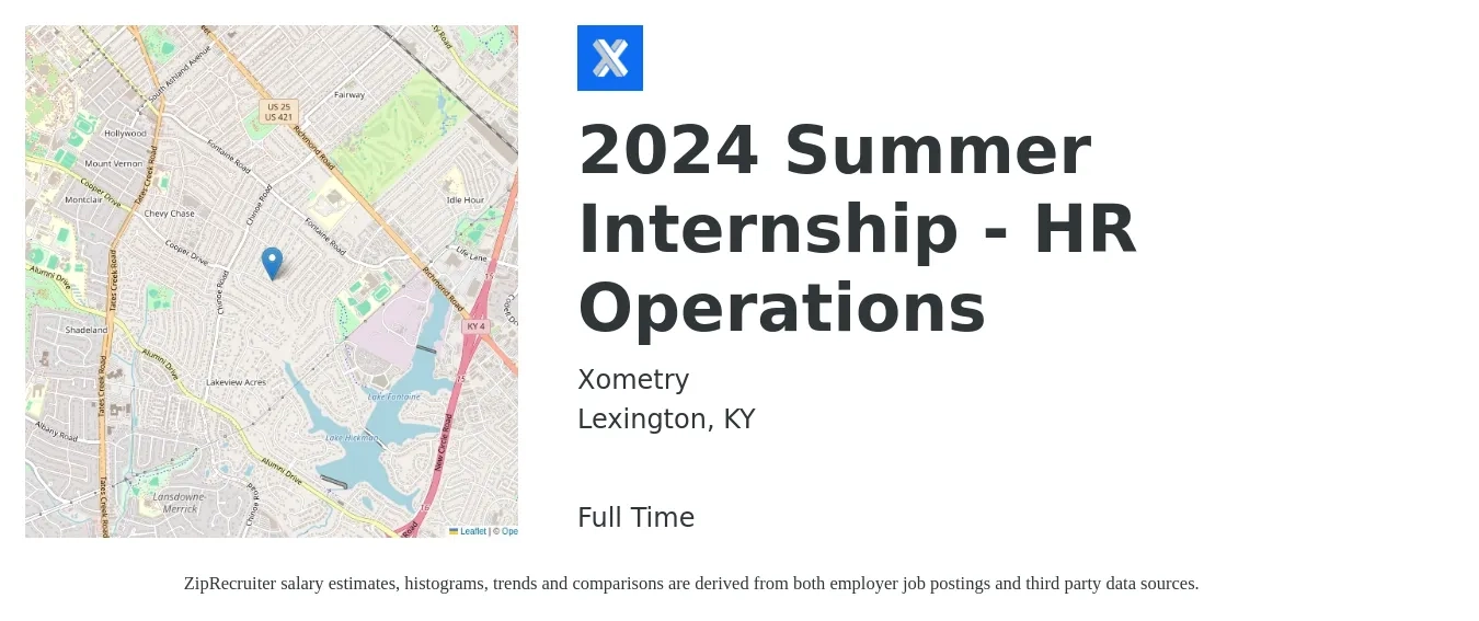 Xometry job posting for a 2024 Summer Internship - HR Operations in Lexington, KY with a salary of $15 to $20 Hourly with a map of Lexington location.