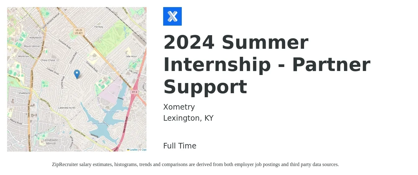 Xometry job posting for a 2024 Summer Internship - Partner Support in Lexington, KY with a map of Lexington location.