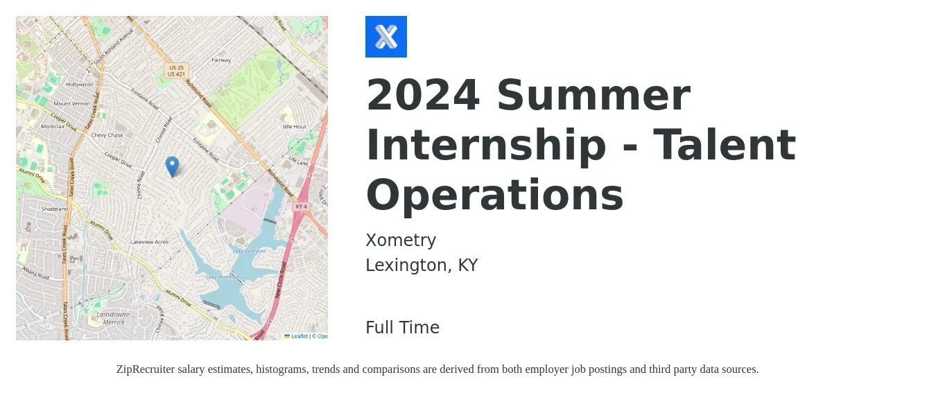 Xometry job posting for a 2024 Summer Internship - Talent Operations in Lexington, KY with a salary of $17 to $22 Hourly with a map of Lexington location.