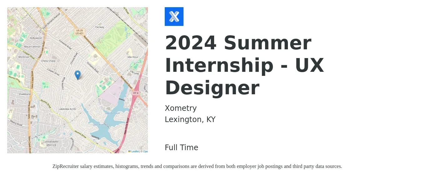 Xometry job posting for a 2024 Summer Internship - UX Designer in Lexington, KY with a salary of $15 to $20 Hourly with a map of Lexington location.
