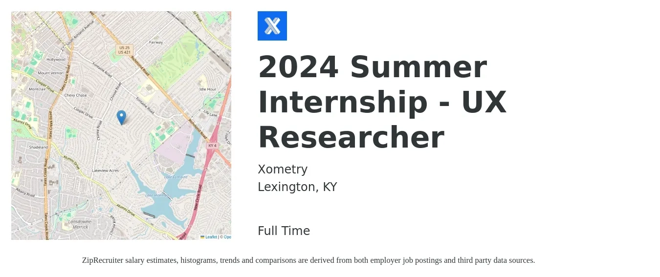 Xometry job posting for a 2024 Summer Internship - UX Researcher in Lexington, KY with a salary of $66,600 to $153,100 Yearly with a map of Lexington location.