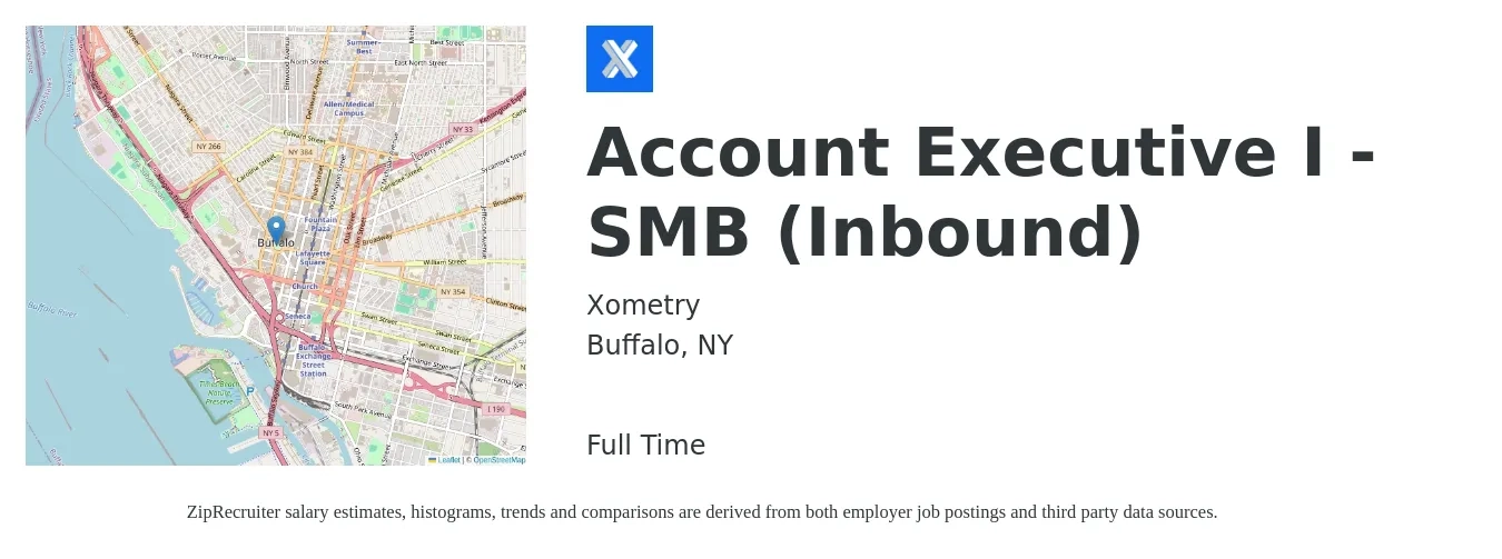 Xometry job posting for a Account Executive I - SMB (Inbound) in Buffalo, NY with a salary of $52,300 to $92,000 Yearly with a map of Buffalo location.