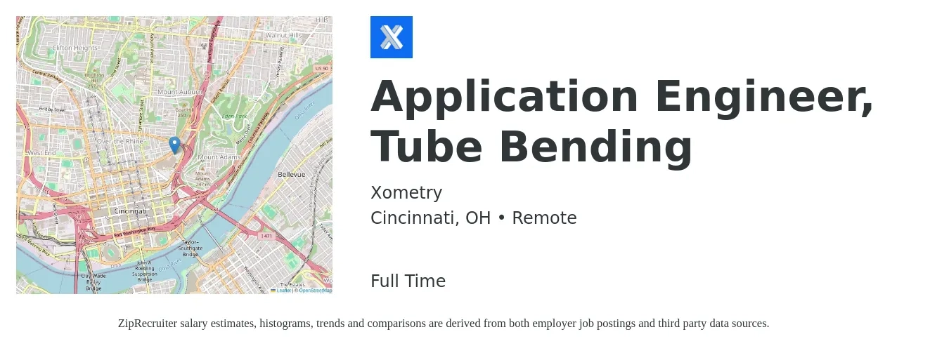 Xometry job posting for a Application Engineer, Tube Bending in Cincinnati, OH with a salary of $80,600 to $129,500 Yearly with a map of Cincinnati location.