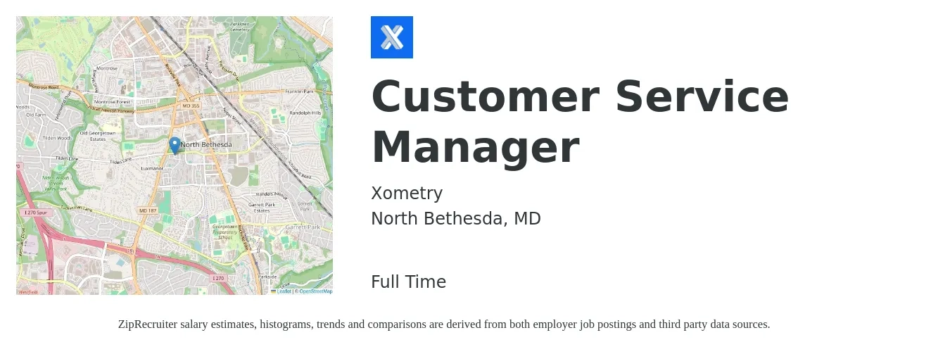 Xometry job posting for a Customer Service Manager in North Bethesda, MD with a salary of $41,100 to $70,100 Yearly with a map of North Bethesda location.