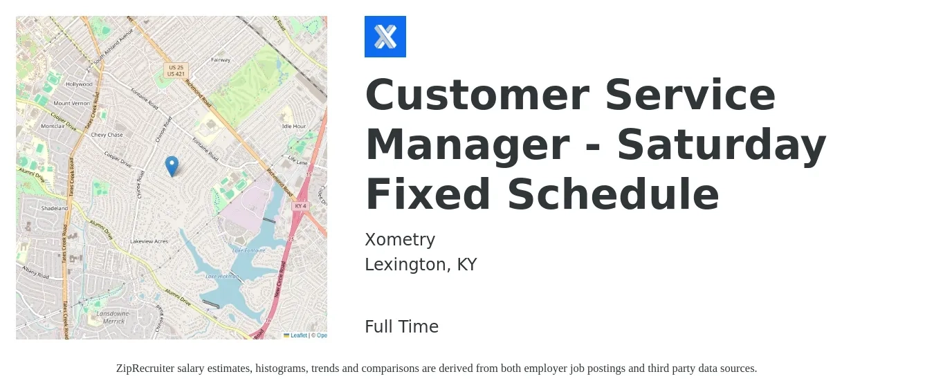 Xometry job posting for a Customer Service Manager - Saturday Fixed Schedule in Lexington, KY with a salary of $40,800 to $69,600 Yearly with a map of Lexington location.