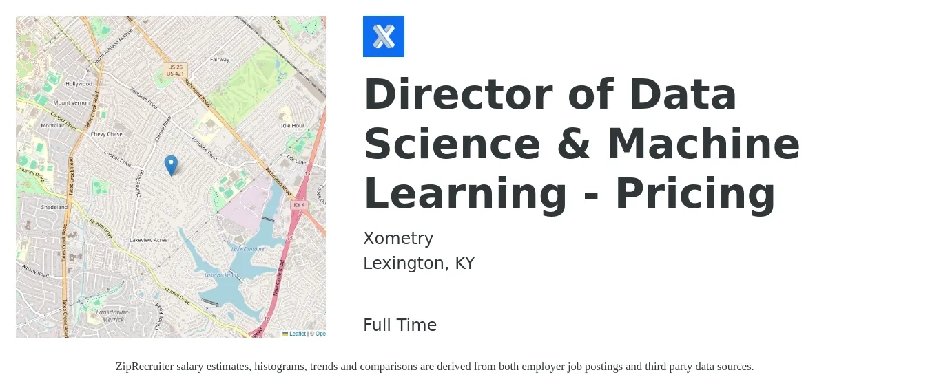 Xometry job posting for a Director of Data Science & Machine Learning - Pricing in Lexington, KY with a salary of $97,900 to $135,200 Yearly with a map of Lexington location.