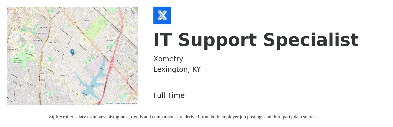 Xometry job posting for a IT Support Specialist in Lexington, KY with a salary of $46,200 to $93,400 Yearly with a map of Lexington location.