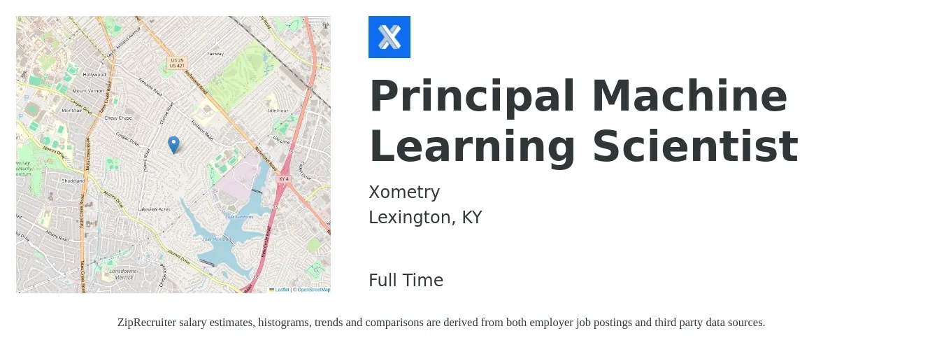 Xometry job posting for a Principal Machine Learning Scientist in Lexington, KY with a salary of $116,800 to $168,000 Yearly with a map of Lexington location.