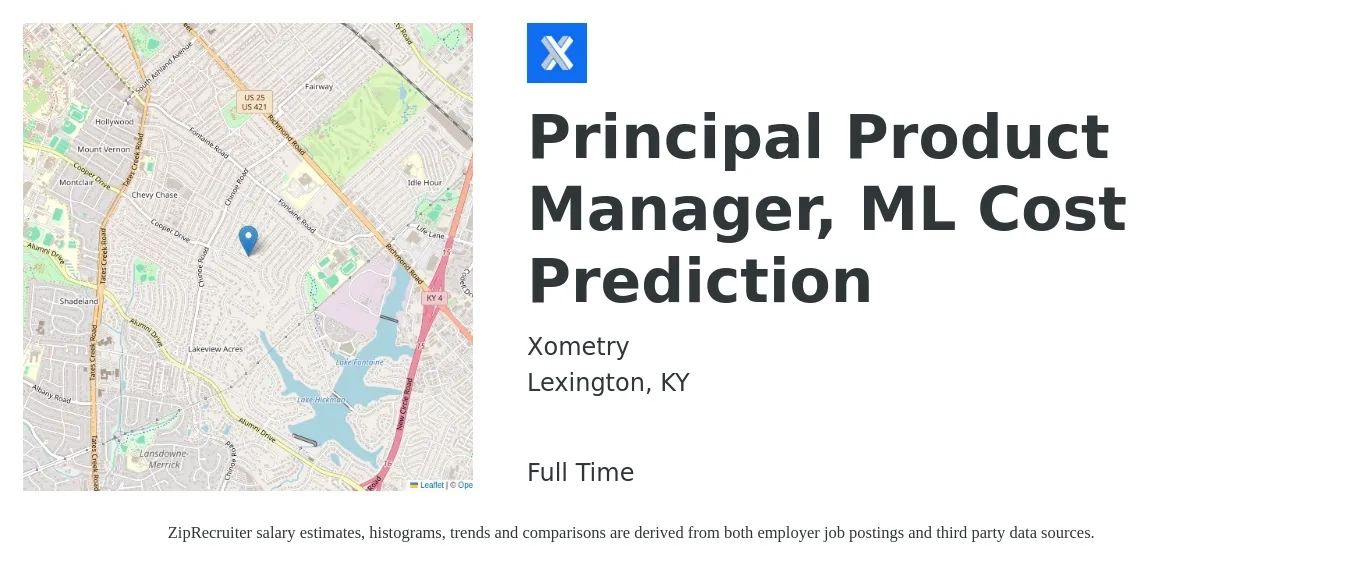 Xometry job posting for a Principal Product Manager, ML Cost Prediction in Lexington, KY with a salary of $115,300 to $174,400 Yearly with a map of Lexington location.