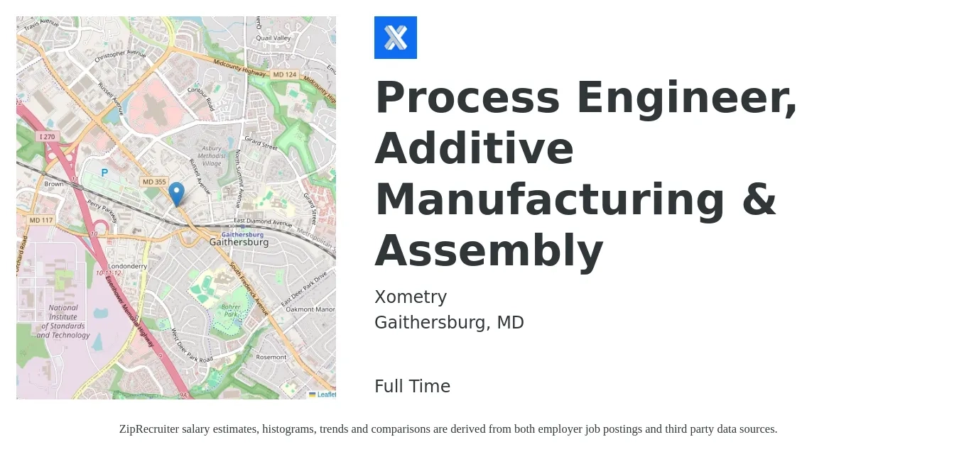 Xometry job posting for a Process Engineer, Additive Manufacturing & Assembly in Gaithersburg, MD with a salary of $80,500 to $111,300 Yearly with a map of Gaithersburg location.